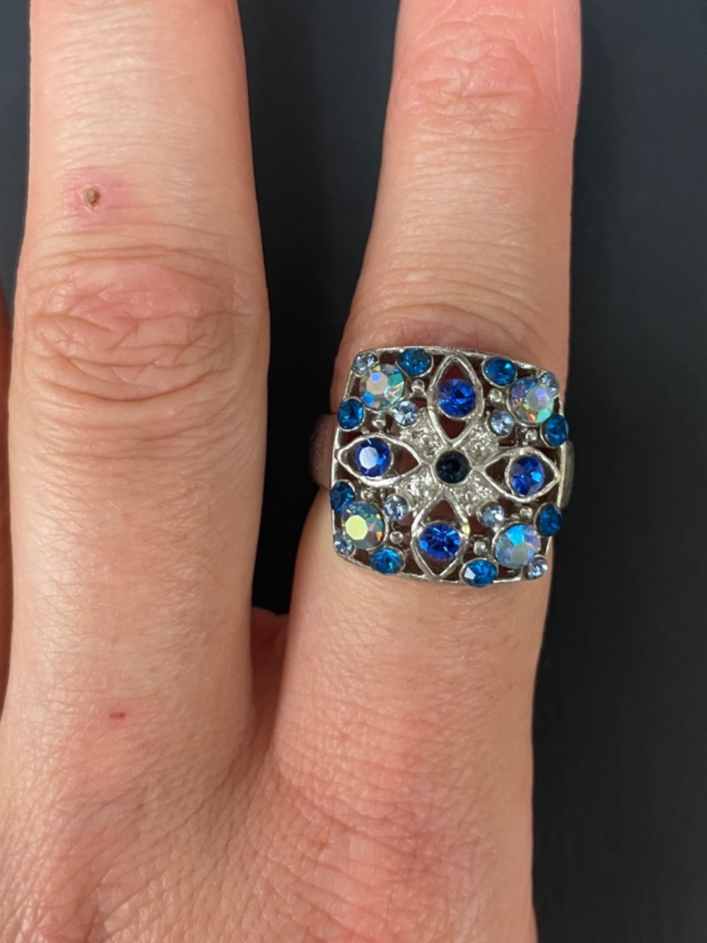 Silver-Tone Blue Crystal Statement Ring - Picture 3 of 3